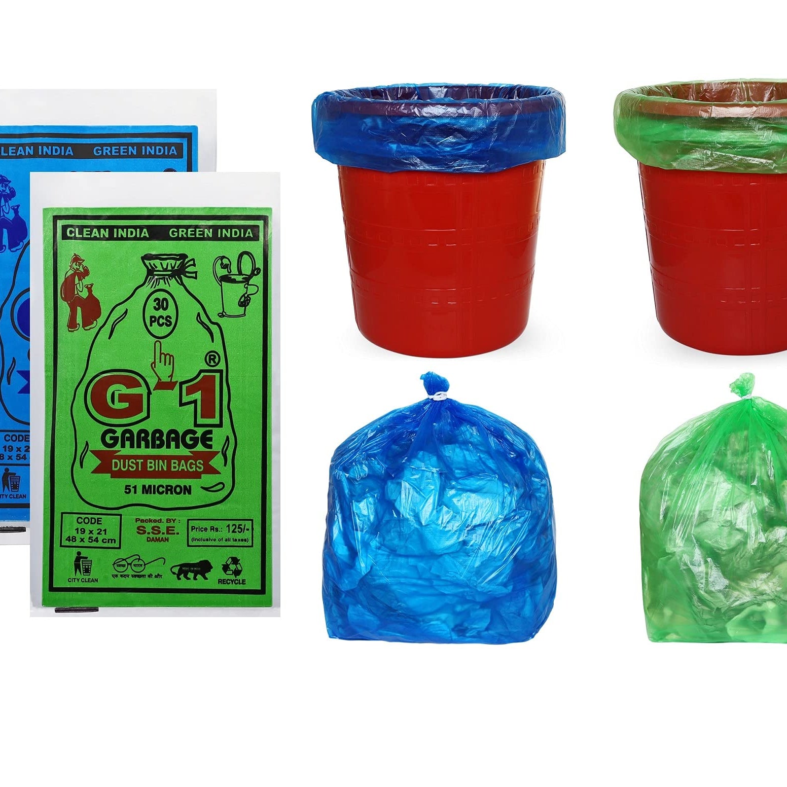 G 1 Medium Disposable Garbage/Dustbin/Trash Bags and Covers For Home Kitchen Office Malls Hotels Hospitals | Bags for Wet and Dry Waste | 90 Pcs Blue and 90 pcs Green | 3 Packs Each | Total 6 Packs