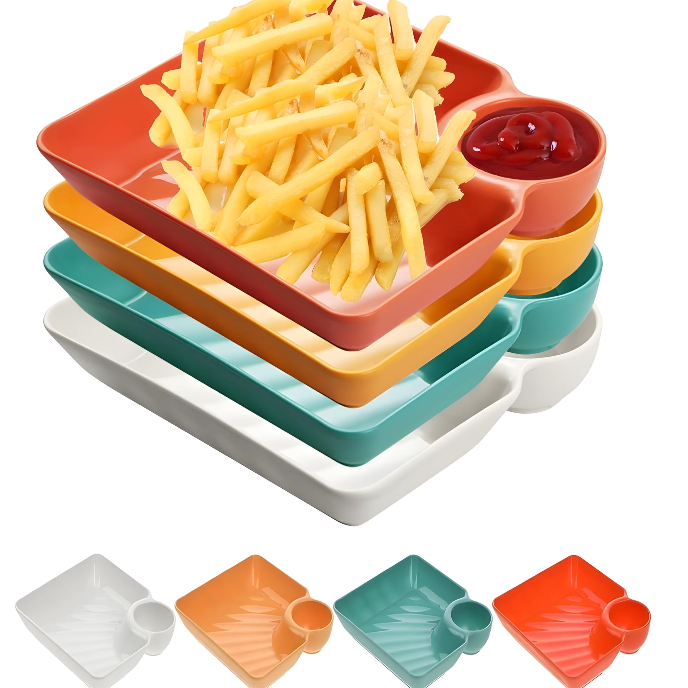 yomith Chip and Dip Serving Platter Dish Set, Divided Starter Snack Bowl Dishes, Appetizer Plates, Reusable Dumpling Plate with Sauce Holder for Buffet, Family and Parties (PACK of 4)