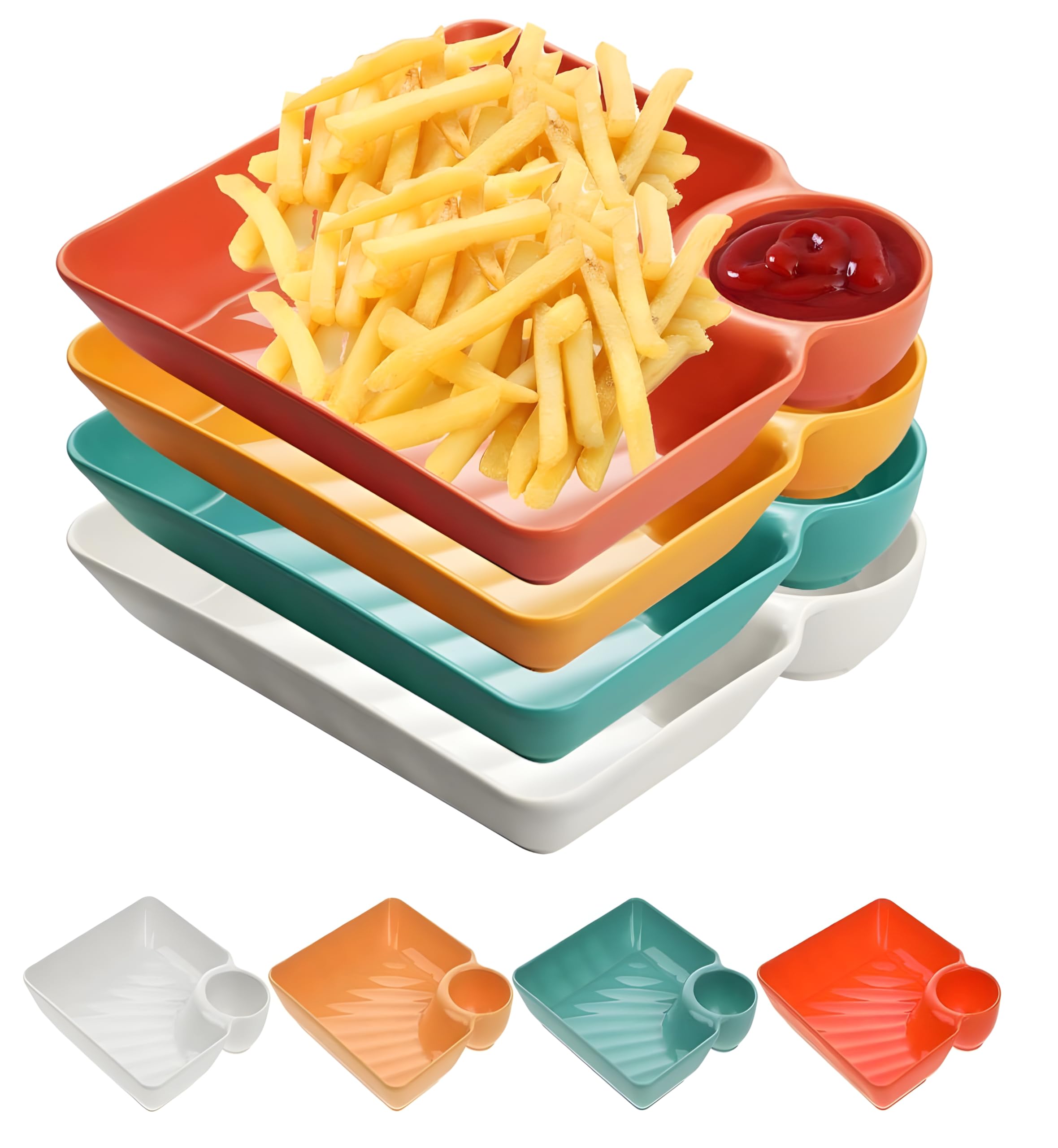 yomith Chip and Dip Serving Platter Dish Set, Divided Starter Snack Bowl Dishes, Appetizer Plates, Reusable Dumpling Plate with Sauce Holder for Buffet, Family and Parties (PACK of 4)