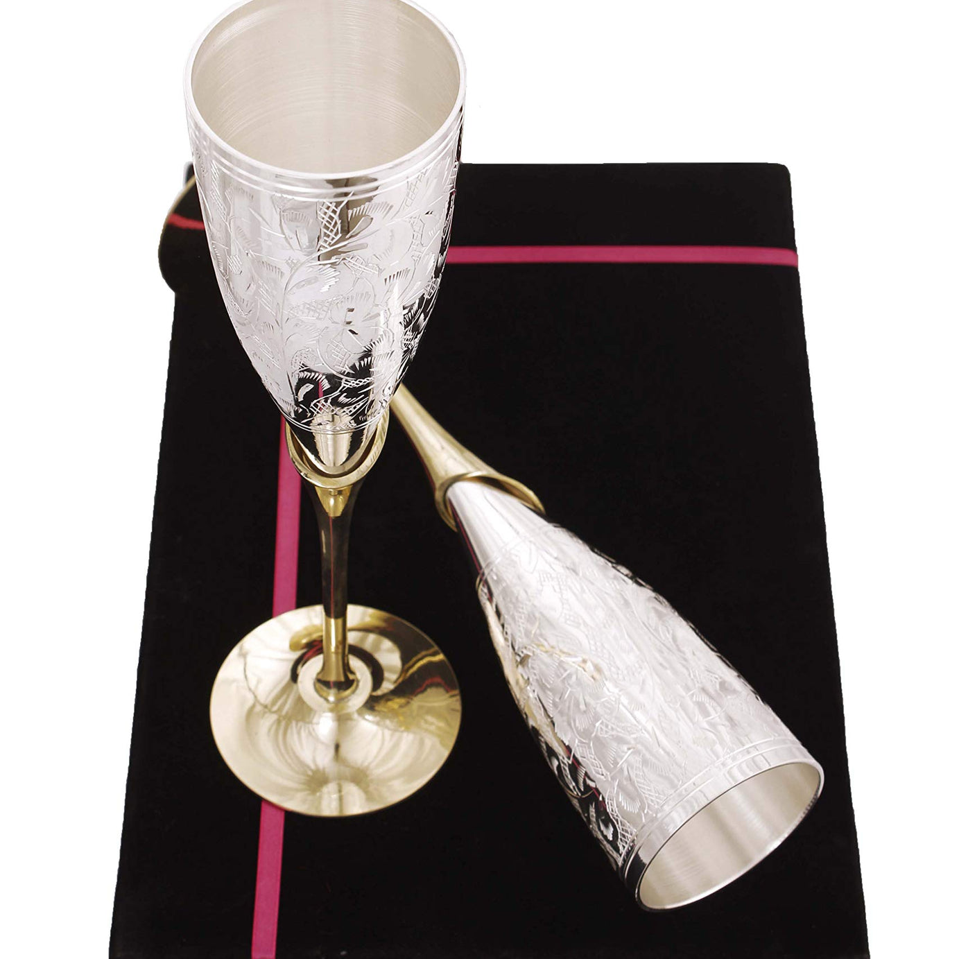 Indian Art Villa Silver Plated Engraved Goblet Flute Wine Glass with Black Box, Best for Parties, Diwali Gift Set, 100 ML each, Set of 2