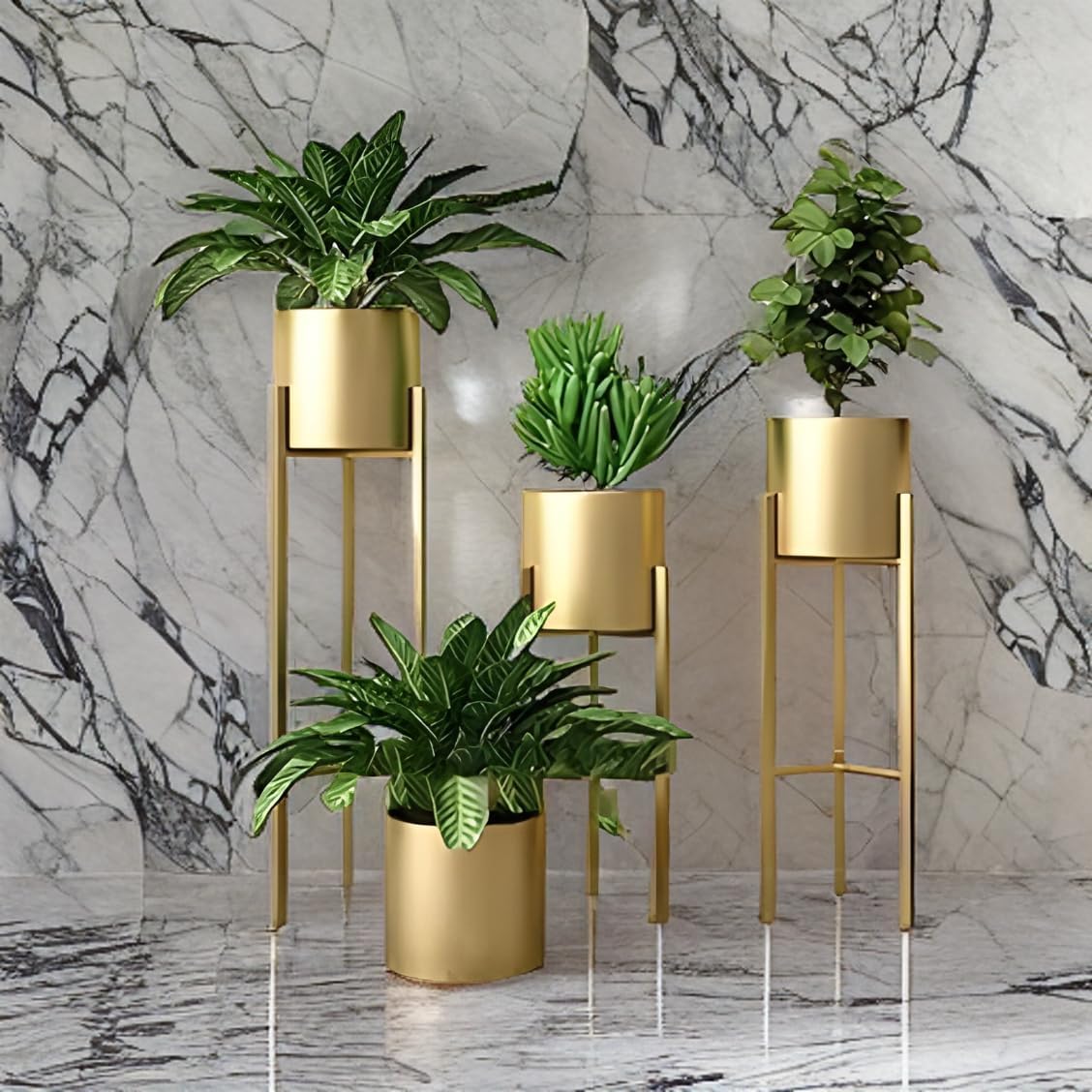 QADRI HANDICRAFTS Sales Metal Floor Flower Stands Planter Planters for Indoor - Outdoor Modern Floor Plant Stand for Garden, Balcony & Living Room & Mid Century Plant Stands Set of 3 Gold