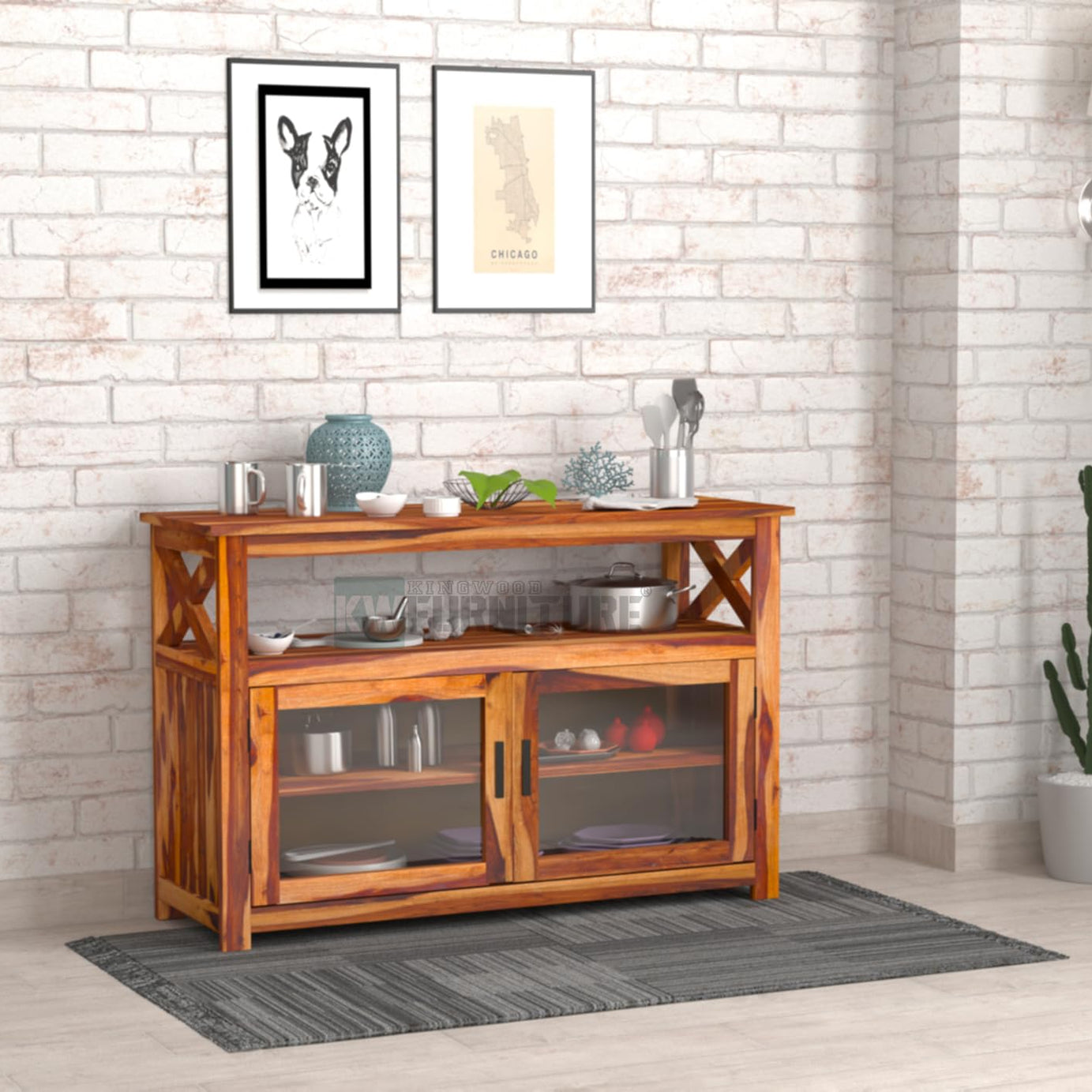 KINGWOOD FURNITURE Amadora Crockery Cabinet & Sideboard for Kitchen in Solid Wood Sheesham (Rosewood) Size 100 x 40 x 83 CM (Honey Finish)