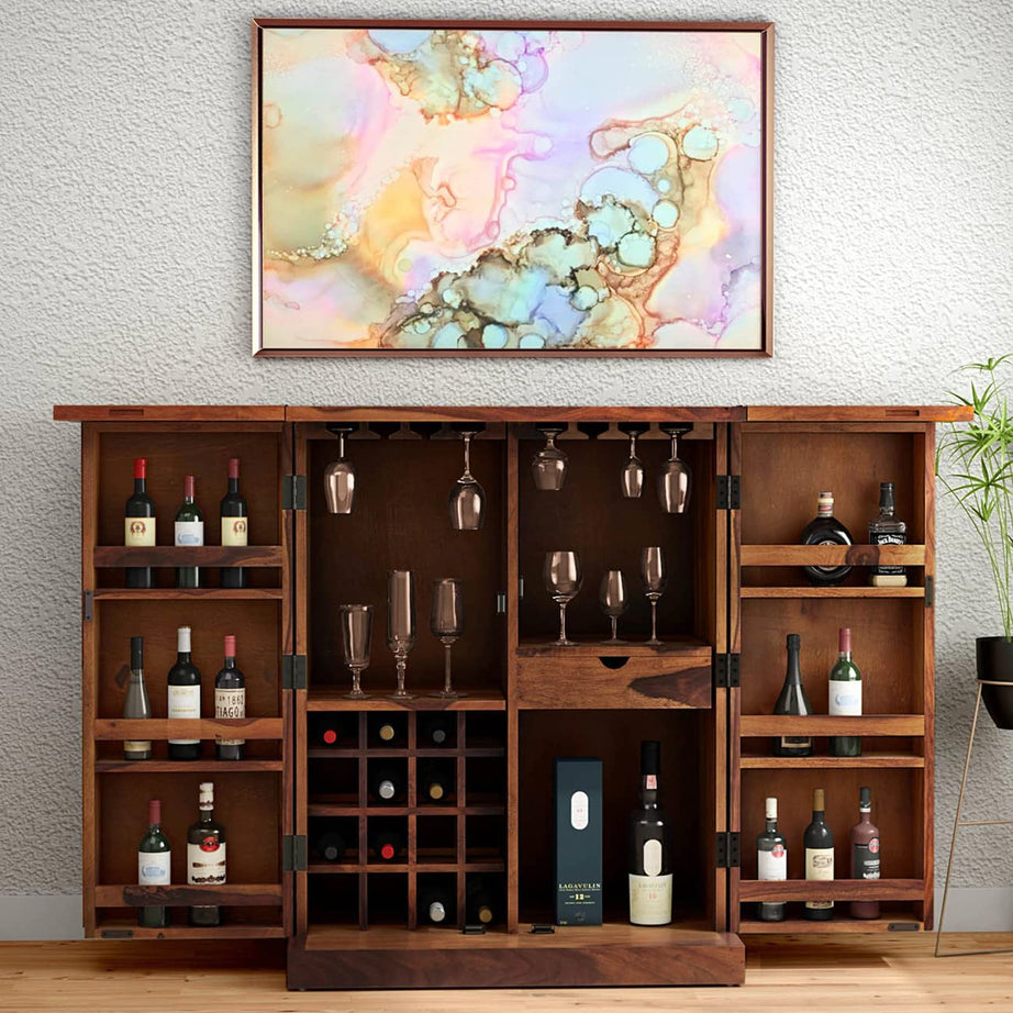 Solid Sheesham Wood Bar Cabinet with Storage || Bar Units for Home || Wooden Bar Furniture || Bar Cabinet for Living Room || Wine Rack with Drawer & Glass Holder || Honey Finish