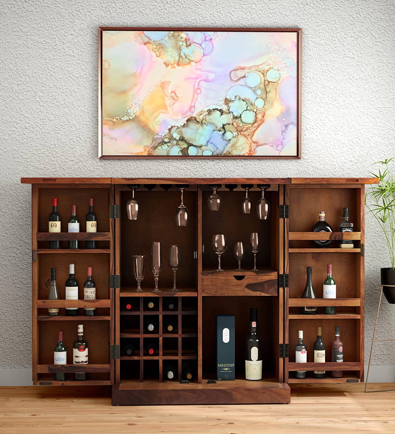 Solid Sheesham Wood Bar Cabinet with Storage || Bar Units for Home || Wooden Bar Furniture || Bar Cabinet for Living Room || Wine Rack with Drawer & Glass Holder || Honey Finish