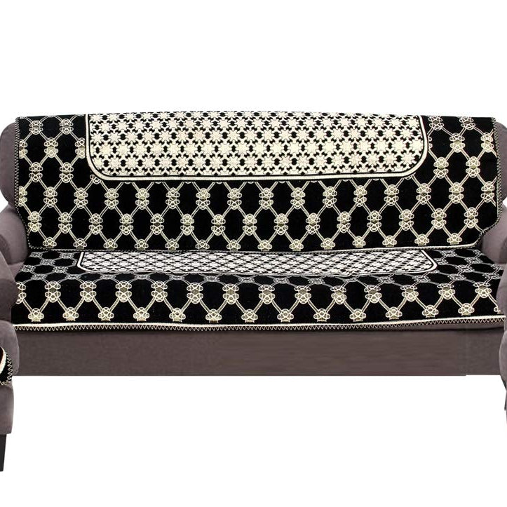 Nendle Luxurious Cotton Abstract Design 5 Seater Sofa Cover Set for Living Room (Black, 6 Pieces)