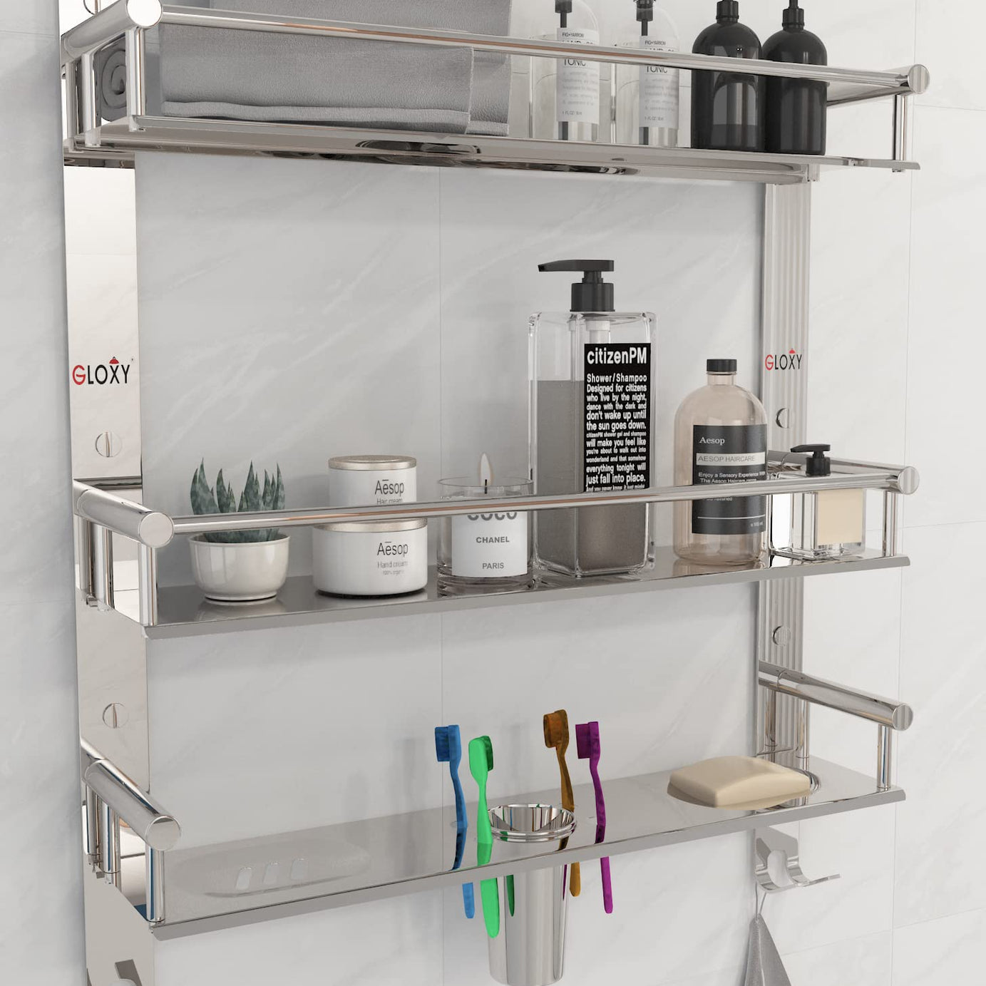 GLOXY ENTERPRISE Stainless Steel 3 Layer Multipurpose Organizer Shelf for Bathroom with Double Soap Dish and Toothbrush Holder Soap Holder for Bathroom Accessories (15 x 5 x 19 inch, Mirror Finish)