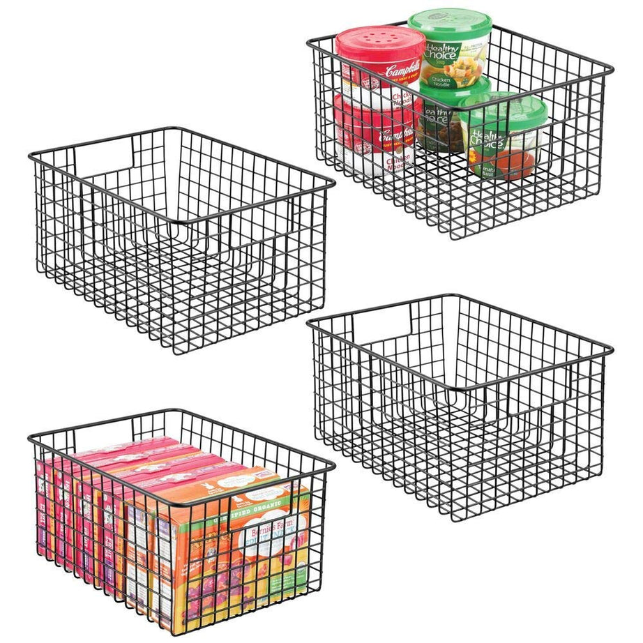 shiok decor™ Storage Baskets with Handle (4 pack) -(multipurpose) for Kitchen Cabinets, Pantry, Bathrodom, Laundry Room, Closets, Garage, 10" x 10" x 5.5" - Black(steel)