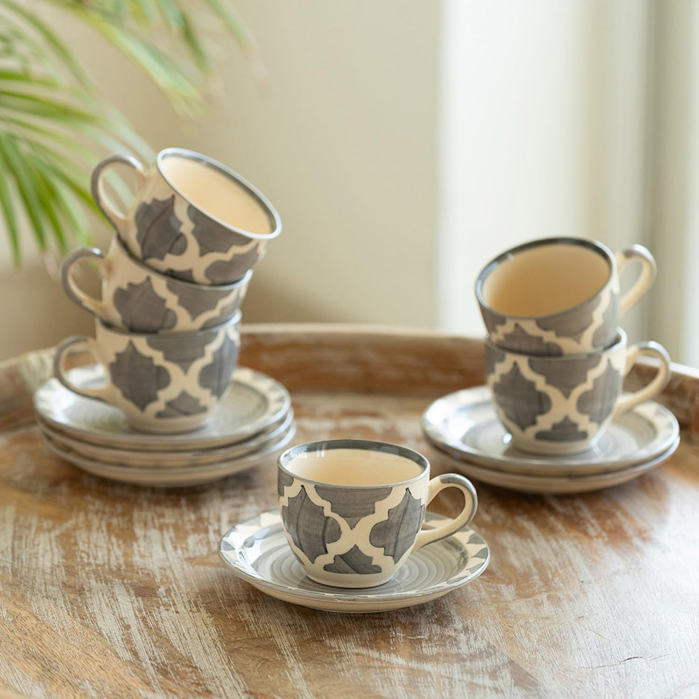 ExclusiveLane 'Moroccan Essentials' Ceramic Cups and Saucers Set of 6 (120 ML, Grey & Off White, Microwave Safe) | Ceramic Tea Cups Set of 6 Coffee Cups Set Tea Mugs Set of 6 Chai Cups Ceramic Cup Set