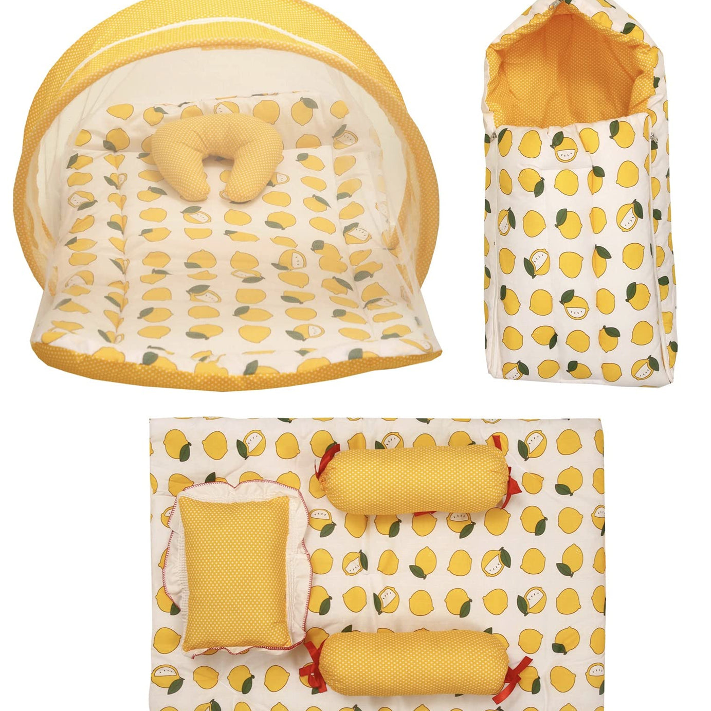 Infantbond Combo of Baby Bed with Net | Carry Bag | 4 Pcs Bedding Set(0-6 Months, Lemon Yellow, Baby Size, Cotton)