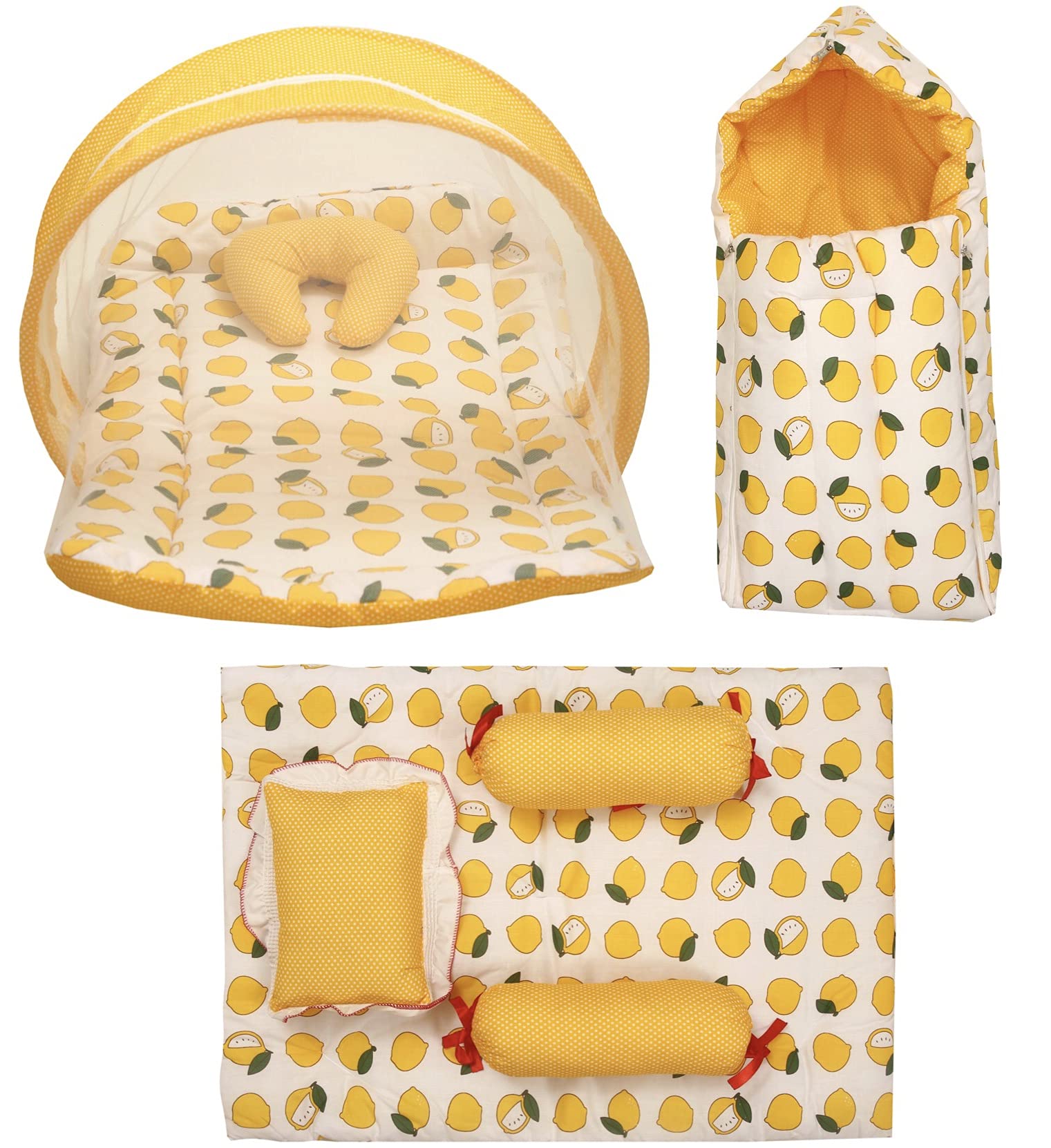 Infantbond Combo of Baby Bed with Net | Carry Bag | 4 Pcs Bedding Set(0-6 Months, Lemon Yellow, Baby Size, Cotton)