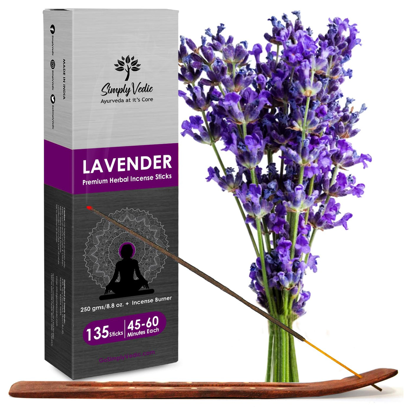 Simply Vedic Lavender Incense Sticks 250 Gms| Premium Handmade Agarbatti for Good Sleep Freshness Positive Energy| Aromatherapy Meditation Yoga Pooja Home (135 Sticks 45 Minutes Each, Holder Included)