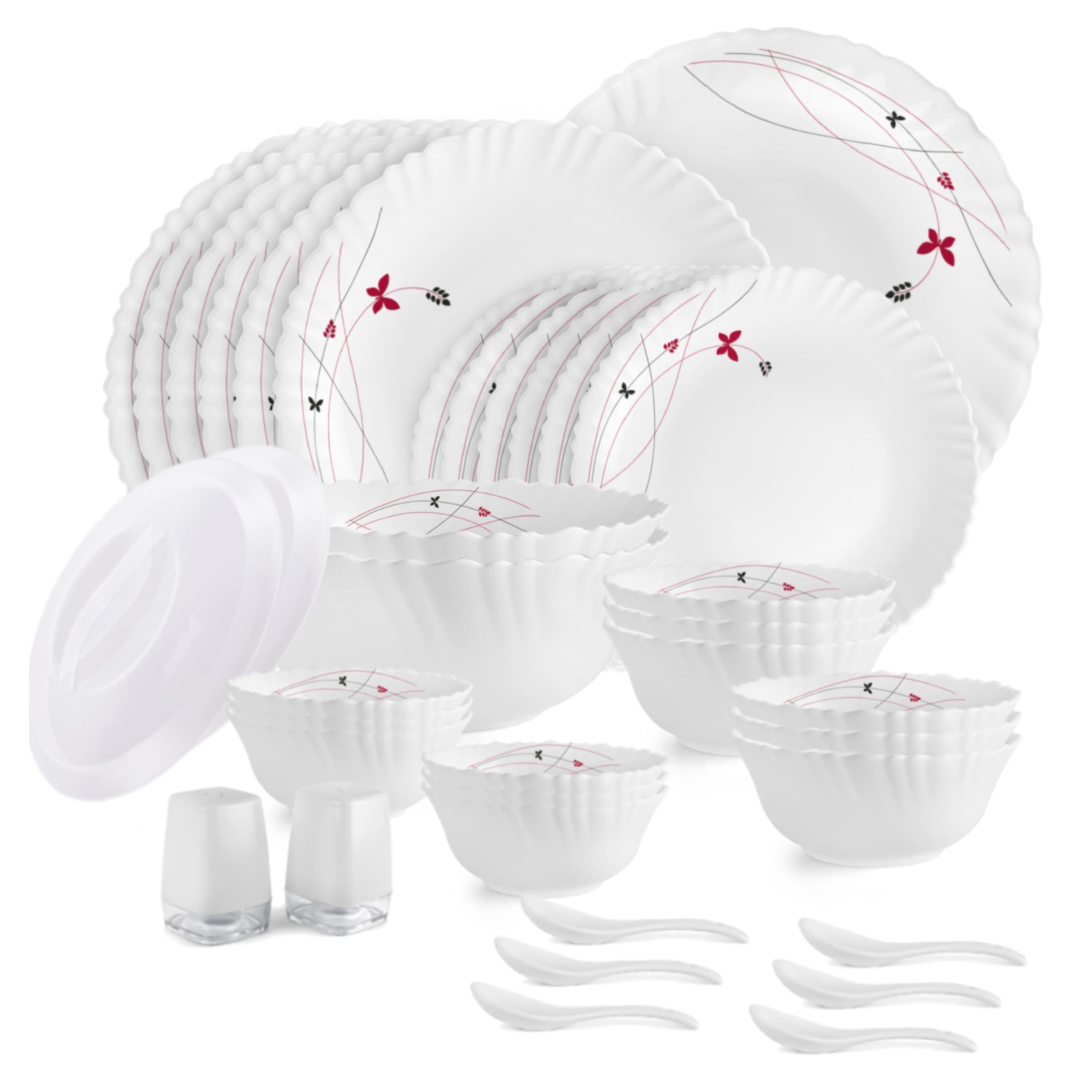 Cello Opalware Dazzle Lush Fiesta Dinner Set, 37 Units, White |Opal Glass Dinner Set for 6 | Light-Weight, Daily Use Crockery Set for Dining | White Plate and Bowl Set