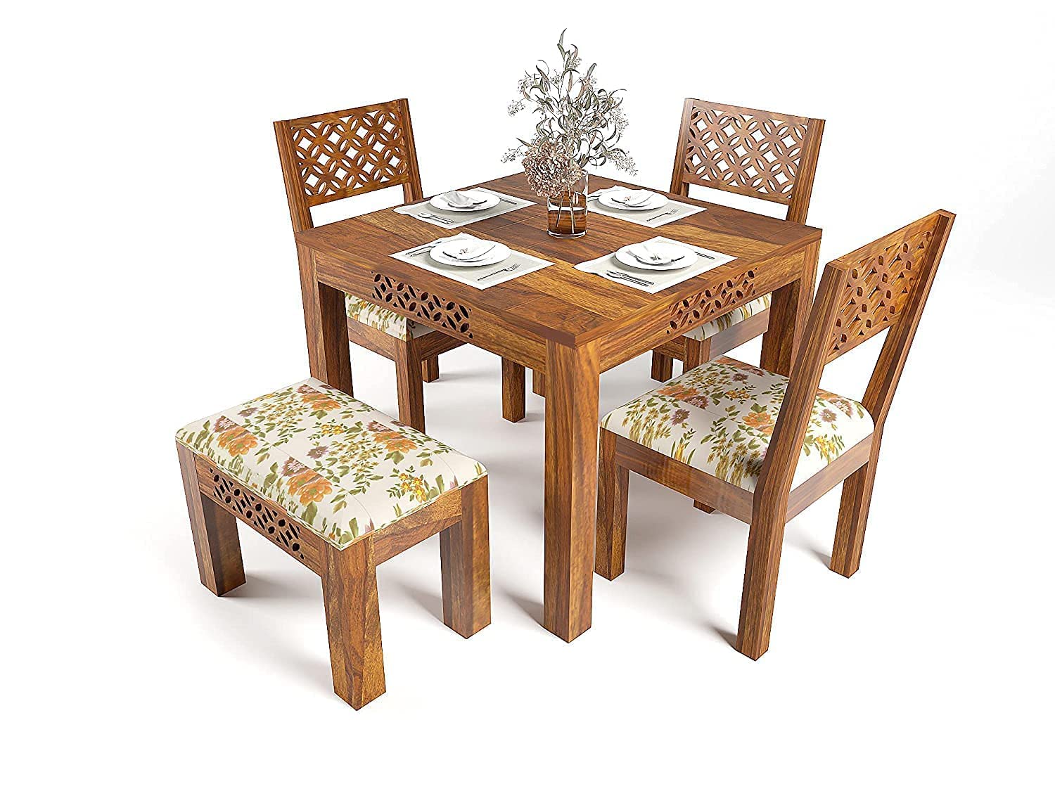 Woodenio Sheesham Wood Dining Table 4 Seater With Chairs Set | Dining Table Set | 4 Seater Dining Table Set | Dining Room Set | With 3 Chairs 1 Bench | Dining Table 4 Seater | Honey Finish