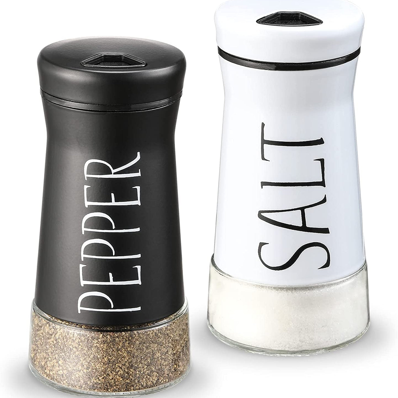 KITOME Salt and Pepper Shakers Set with Adjustable Pour Holes for Kitchen. (Black & White)