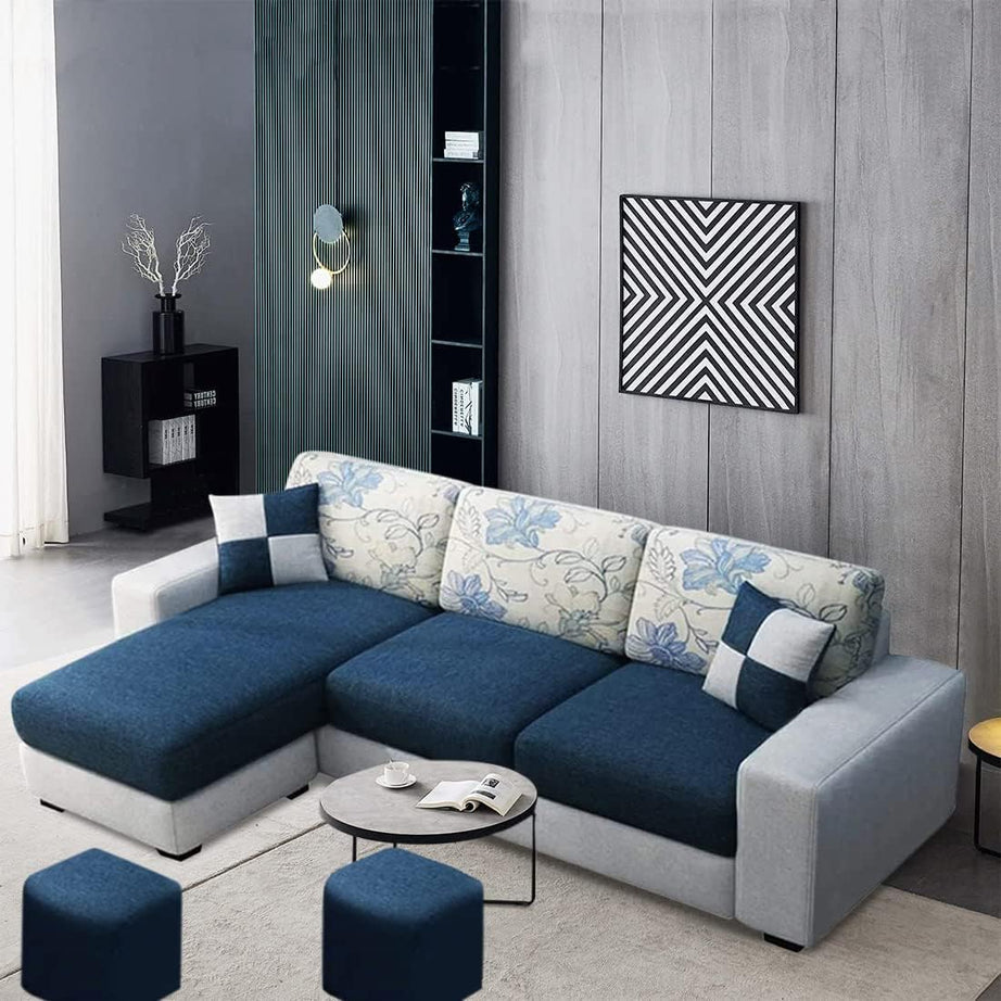 FURNY Florida Fabric 4 Seater LHS Sectional L Shape Sofa Set with 2 Puffy (Blue-Grey)