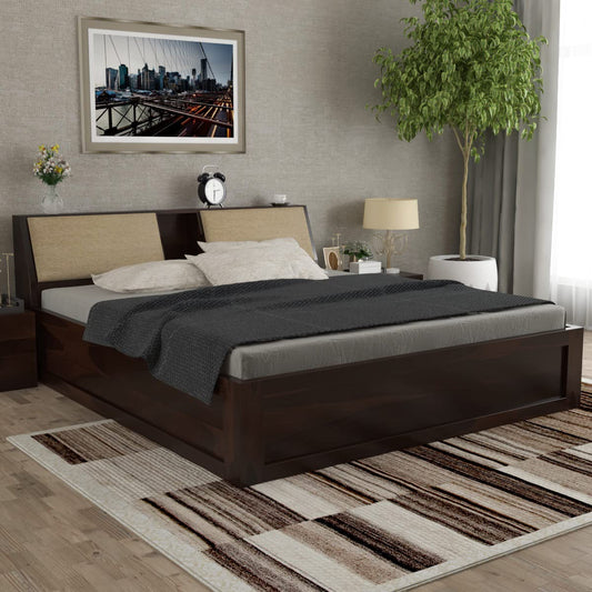 STRATA FURNITURE Sheesham Wood King Size Bed with Box and Headboard Storage for Bedroom Home (Walnut Finish)