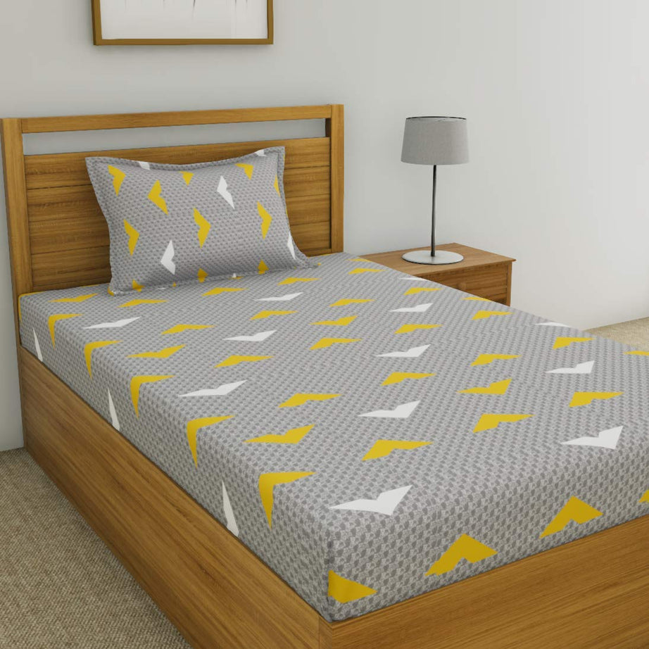 HUESLAND by Ahmedabad Cotton 144 TC Cotton Single Bedsheet with 1 Pillow Cover - Grey and Yellow