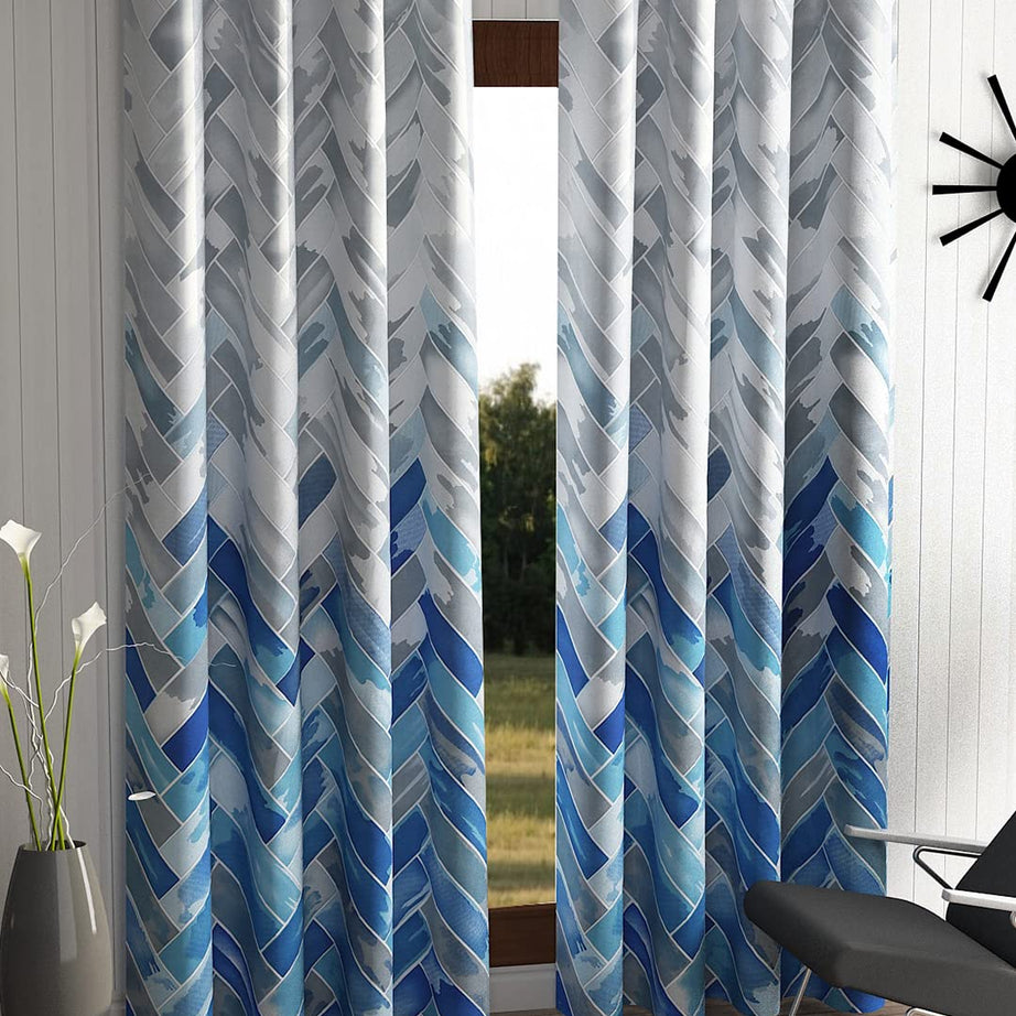 Home Sizzler 2 Pieces Geometrical Panel Eyelet Polyester Door Curtains 7 Feet, Blue(Eyelet),Grommet Curtains