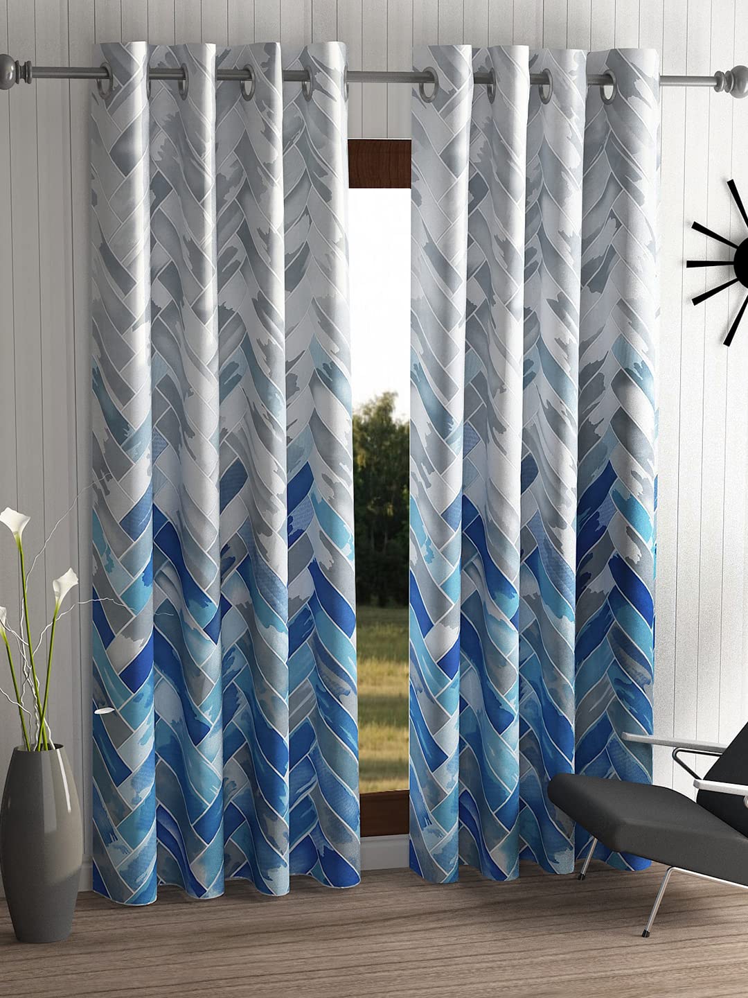 Home Sizzler 2 Pieces Geometrical Panel Eyelet Polyester Door Curtains 7 Feet, Blue(Eyelet),Grommet Curtains