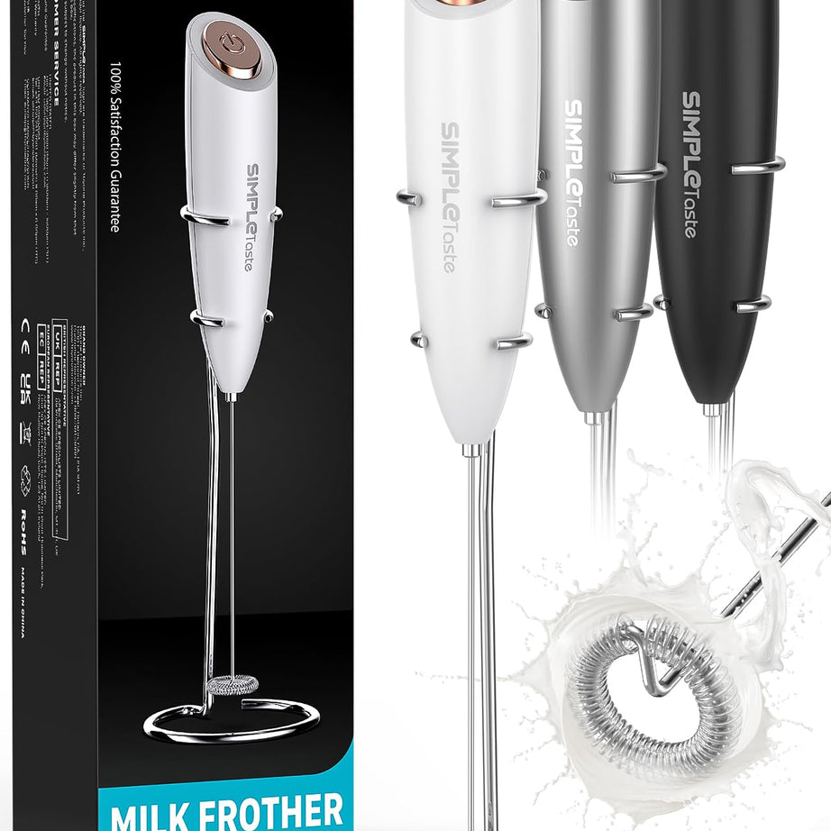 SimpleTaste Electric Milk Frother with Stand, One Touch Handheld Whisk Batteries Powered Cappuccino Coffee Frother White, 1 Year Warranty