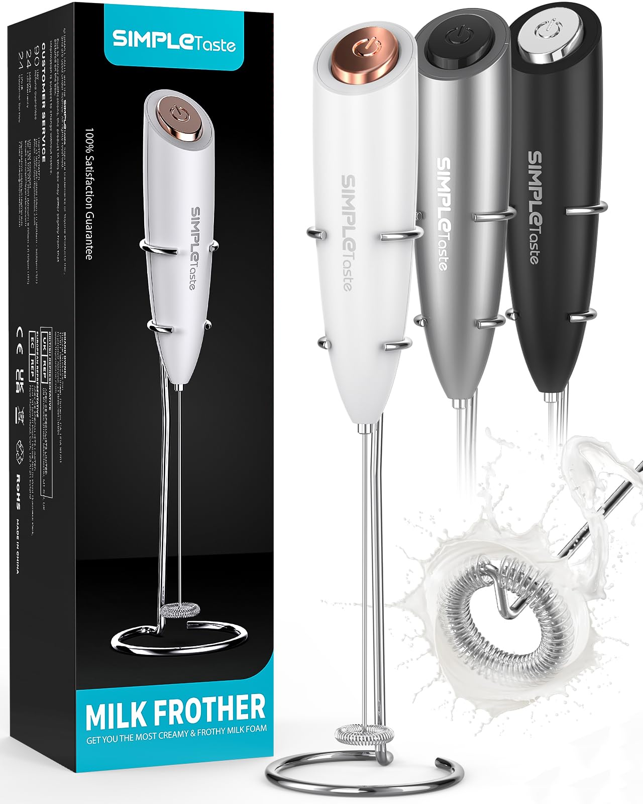 SimpleTaste Electric Milk Frother with Stand, One Touch Handheld Whisk Batteries Powered Cappuccino Coffee Frother White, 1 Year Warranty