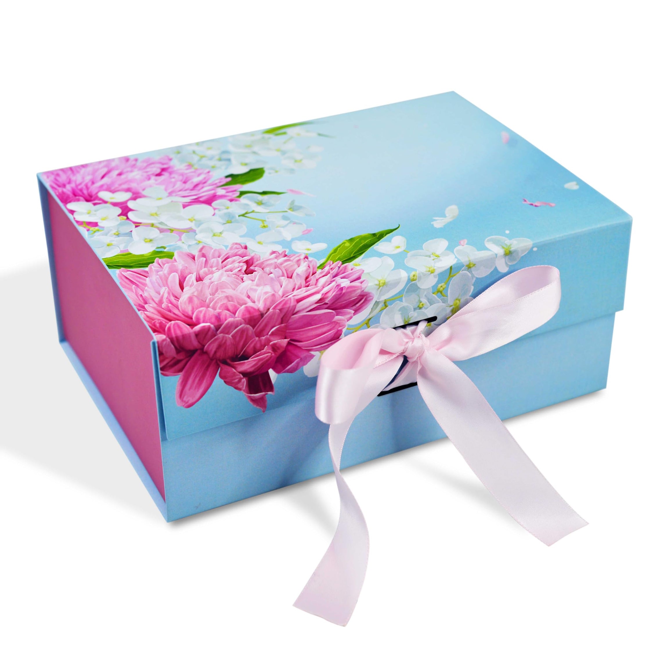 RBS®- Blue Floral Foldable Gift Box (23 x 16 x10cm) Multipurpose Gift Boxes For Packaging with Pink Satin Ribbon (Holds up 3kg) Reuse Decorative Gift Box Handmade Empty Hamper Box (Blue Floral)