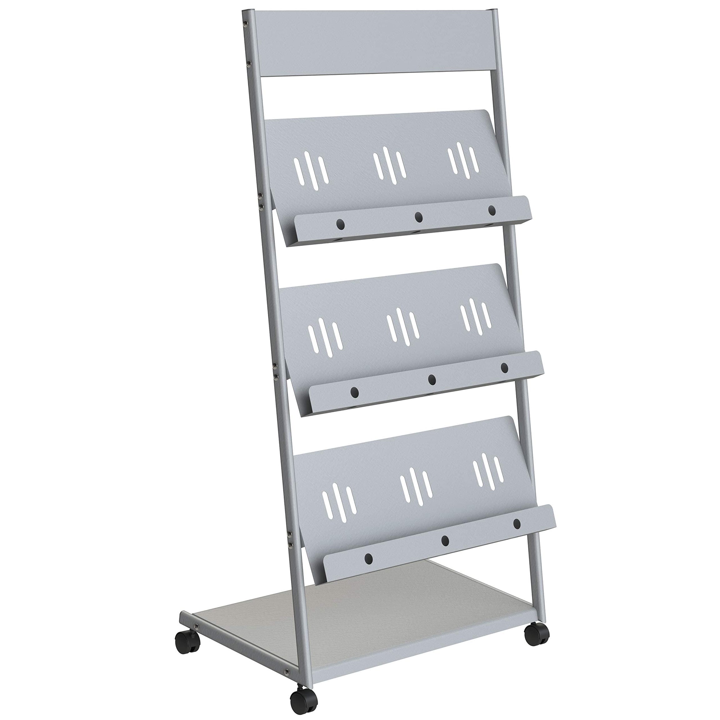 Pragati Systems Prime Quality Crca Steel Gemini 3-Tray Magazine Display Stand, Grey, Tiered Floor Standing Or Tabletop Shelf