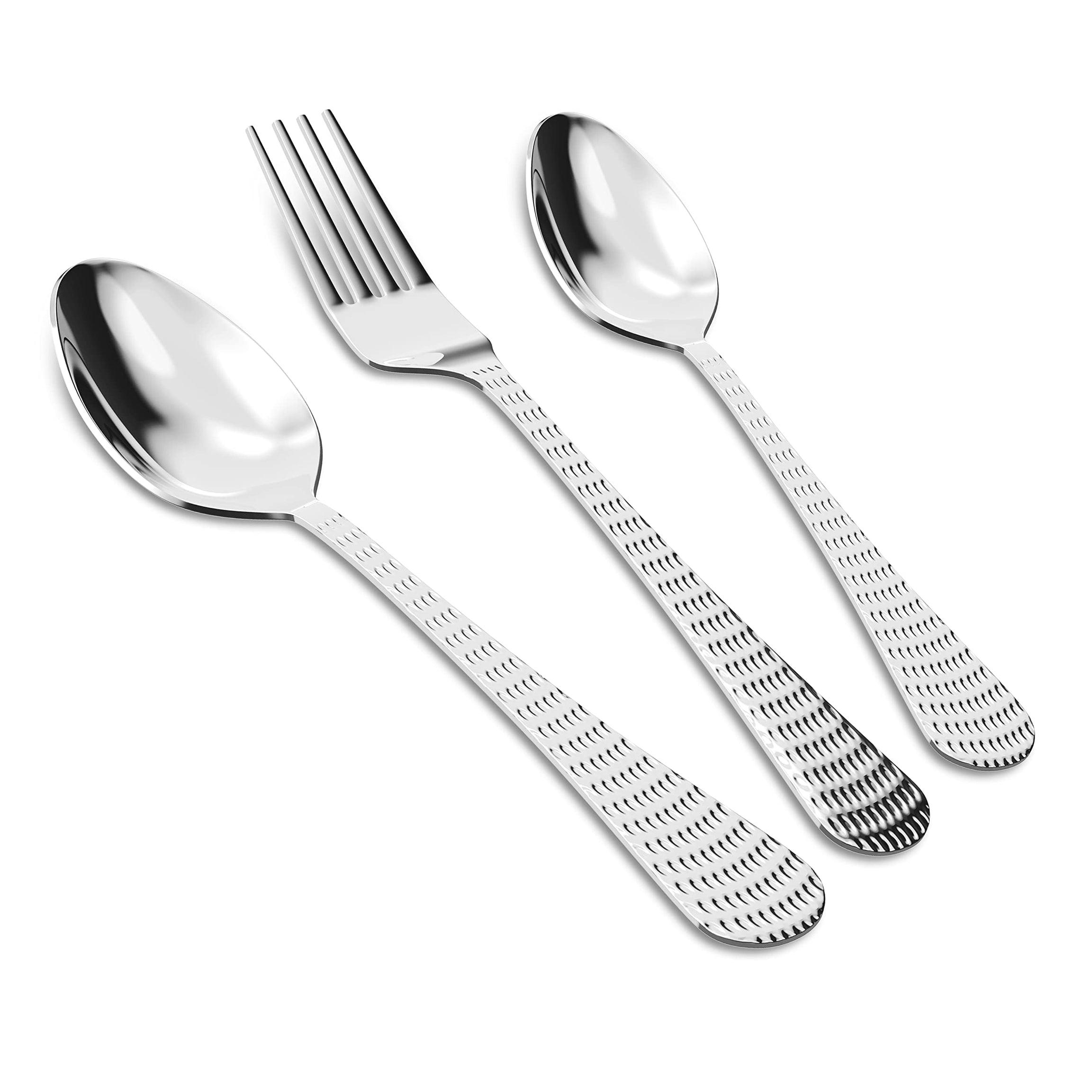 AXIOM Stainless Steel Cutlery Set of 6 Dessert Spoons, 6 Dessert Fork, 6 Tea Spoon. Hammered Elegant Design with Gloss Mirror Finish. 18 Pieces Set for Home & Kitchen