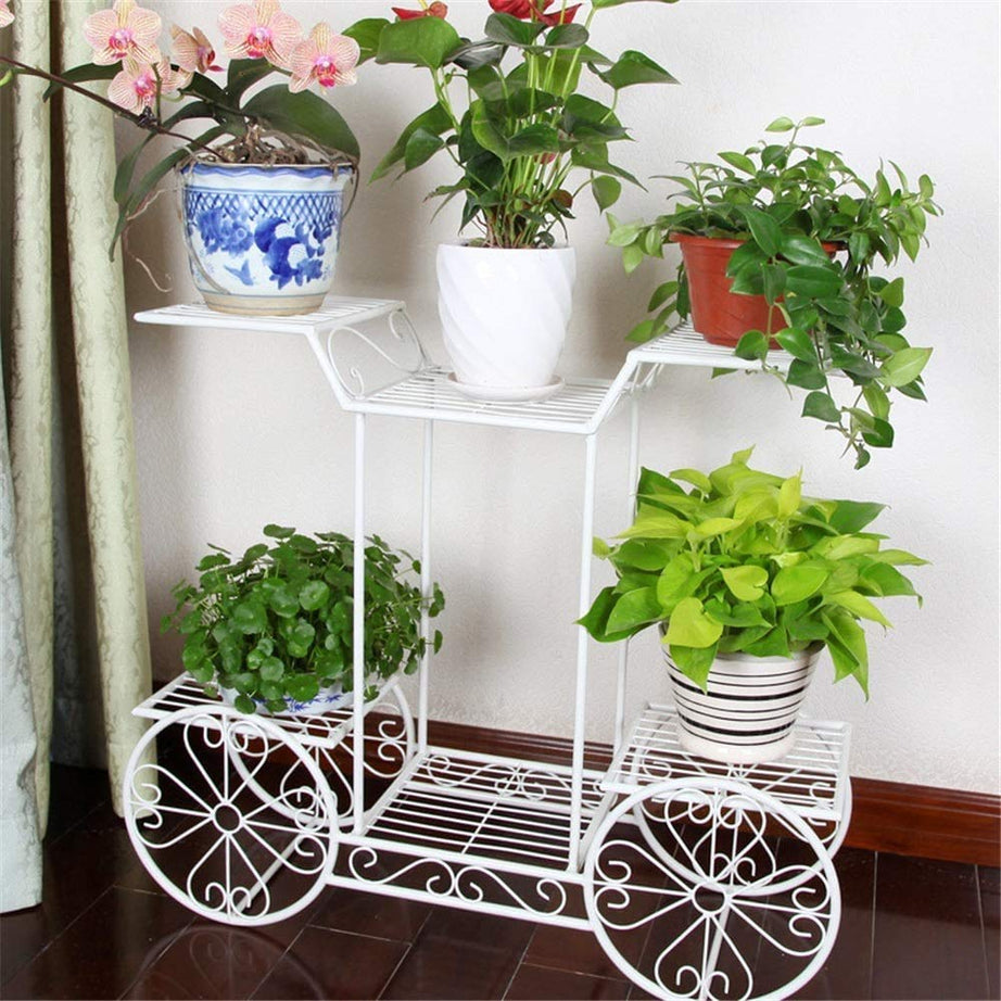 Kundi 6-Tier Cart Planter Stand, Outdoor Flower Rack Flower Pot Display Rack 62x69x22cm (WHITE) (CREAM)