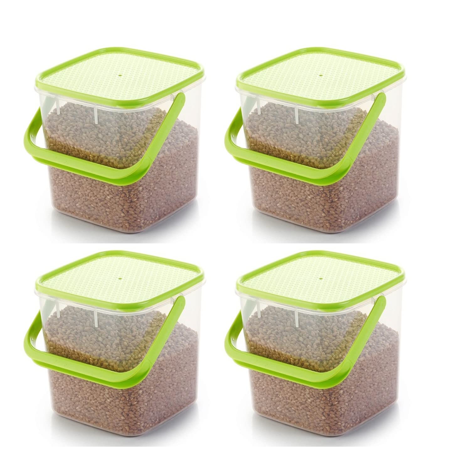 MACHAK Plastic Big Boxes For Kitchen Storage Grocery Containers With Handle, 5 Litre (Green, 4 Pc)