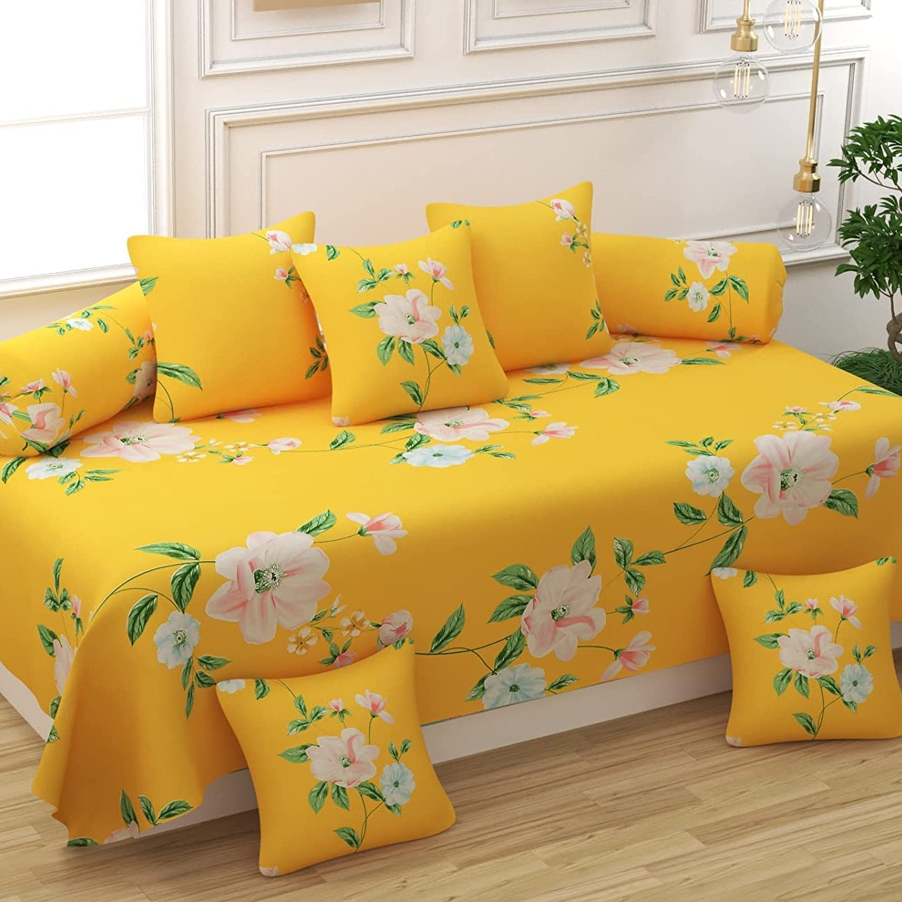 Castiqa Microfibre Unique Patterns Diwan Set Covers Bedsheet, 2 Bolsters and 5 Cushion Covers (Yellow, Standard) -8 Pcs Set ,Polycotton