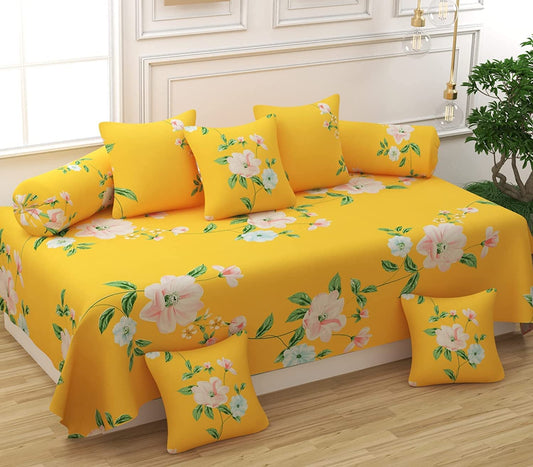 Castiqa Microfibre Unique Patterns Diwan Set Covers Bedsheet, 2 Bolsters and 5 Cushion Covers (Yellow, Standard) -8 Pcs Set ,Polycotton