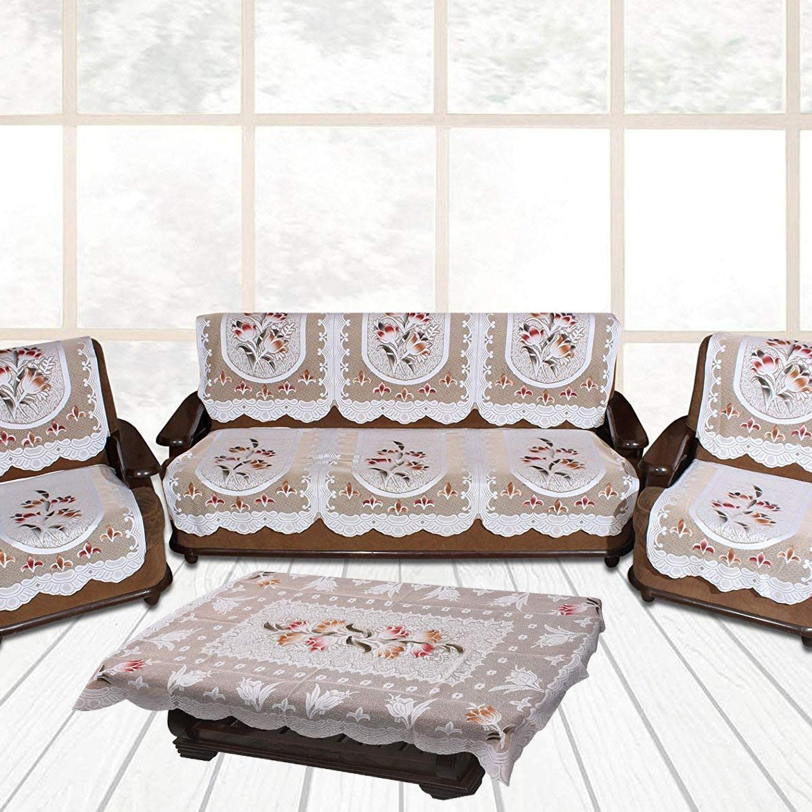 IM FAB Tulip Net 5 Seater Sofa Cover Set with 1 Centre Table Cover (Rust)