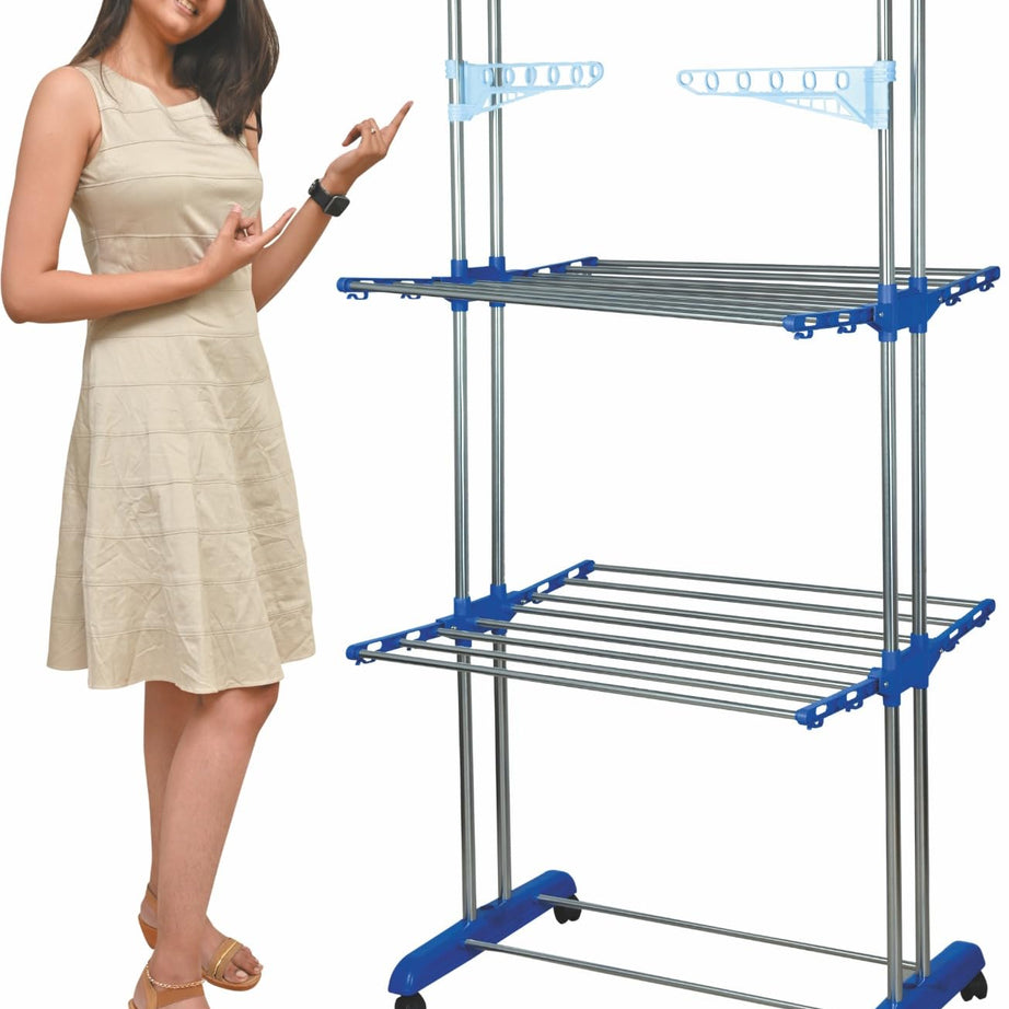 Mega stand Clothes Drying Rack Folding Stainless Steel Laundry Garment Dryer Stand with Two Side Wings-(Blue) Portable 3-Layer Cloth Wheels and Foldable Wings