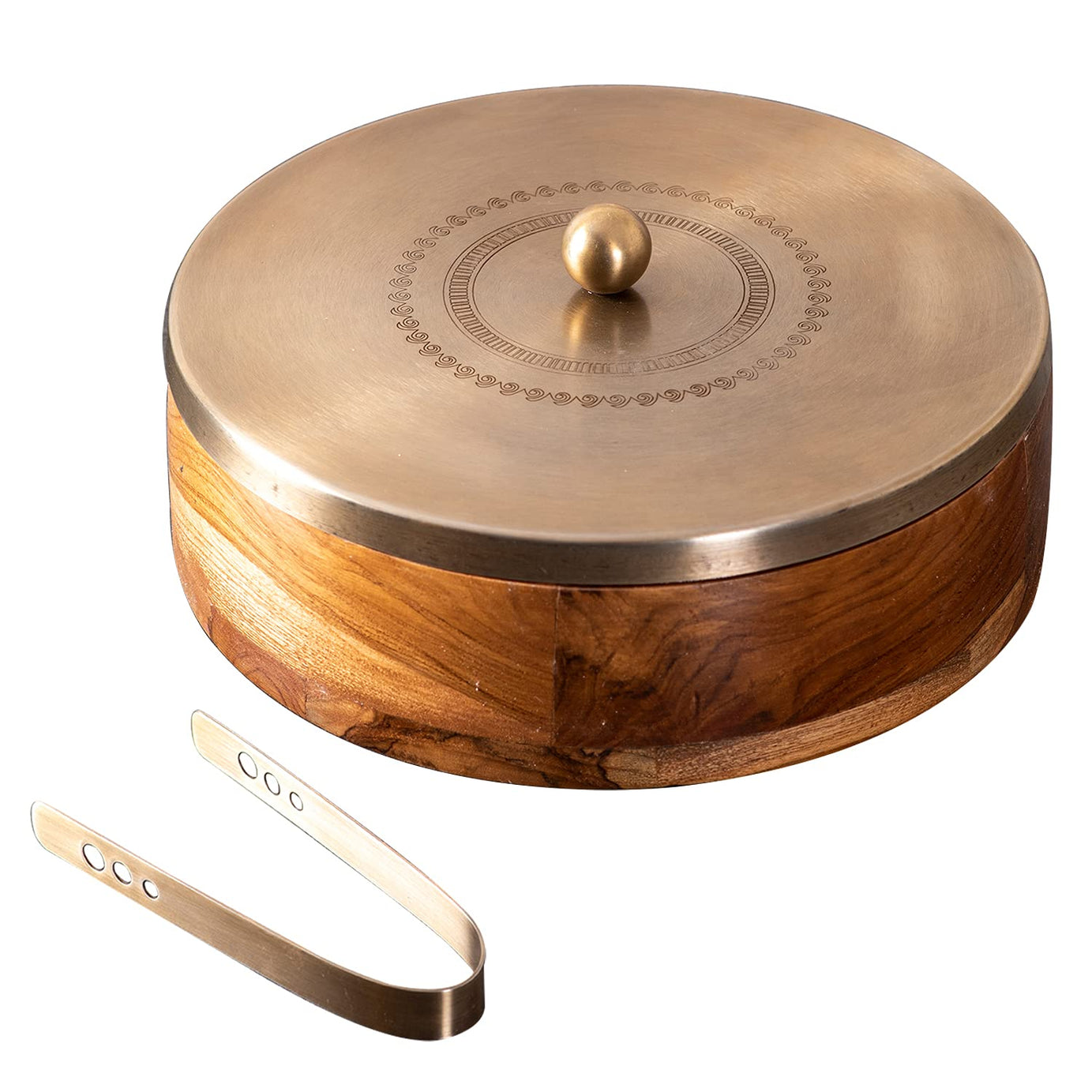 nestroots casserole for roti | hot box for kitchen wooden chapati box for kitchen |hot pot roti box with stainless steel Tong (9 inch Dia, Gold Lazer)