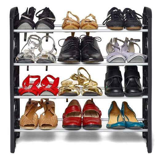 Ebee Easy to Assemble 4 Shelves, 12 Pair Metal & Plastic Shoe Rack, Black