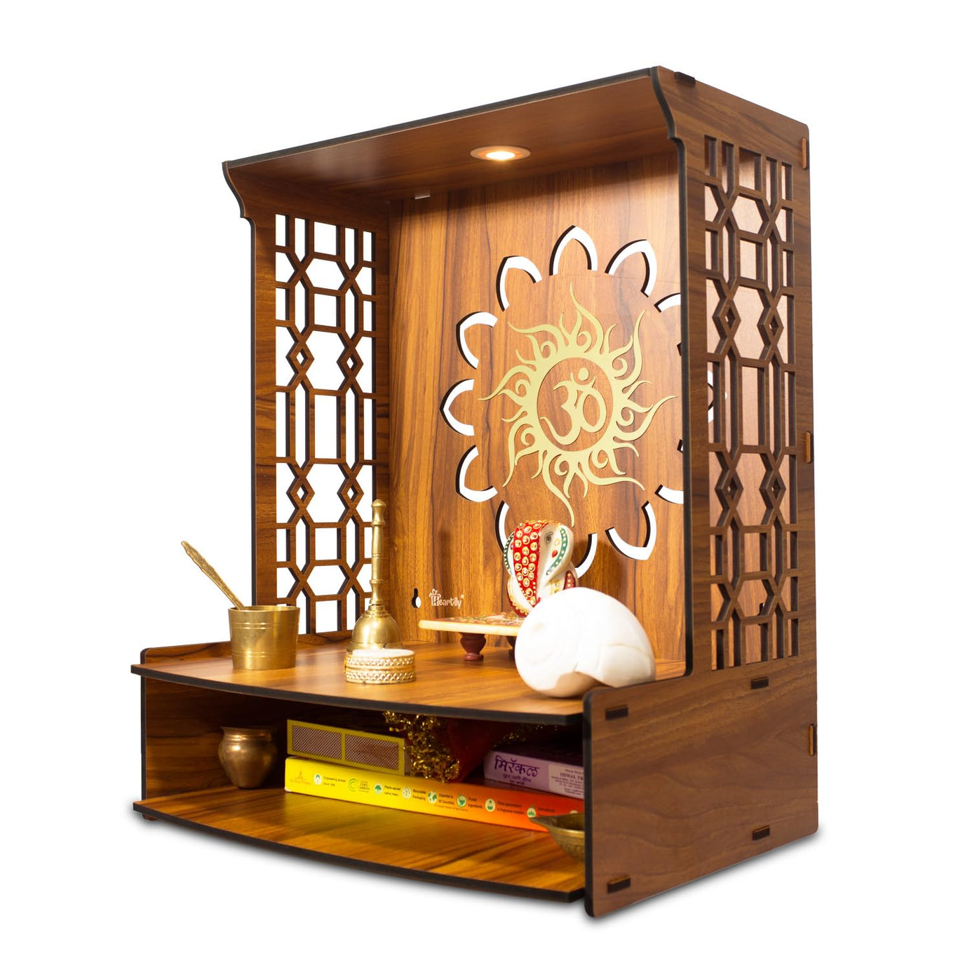 Heartily® Maha Mangal Beautiful Wooden Pooja Mandir for Home Temple for home and office Puja Mandir wall with LED Spot Light Size (H- 18, L- 15 , W-11 Inch)