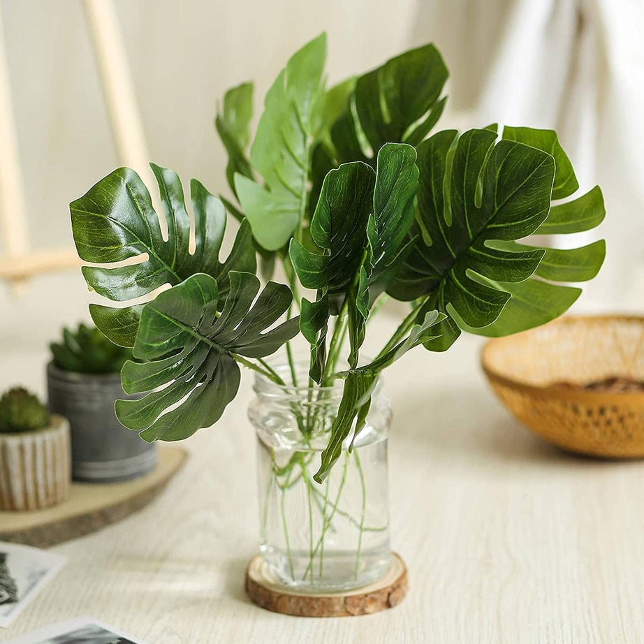 SATYAM KRAFT 12 Pcs Artificial Flower Plant Small Monstera Palm Leaves for Gifting, Office Desk, Garden, Bedroom Decorations & Craft, Raksha Bandhan (30 cm) (without Vase) (Plastic) (Green)