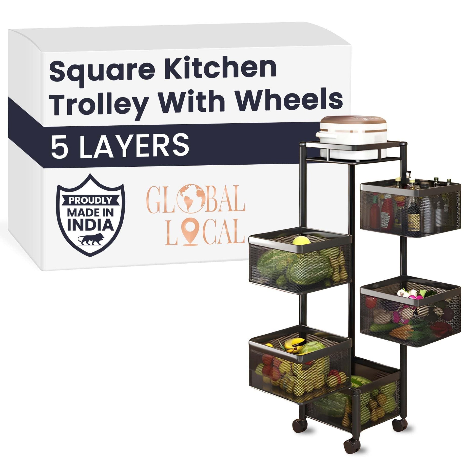 GLOBAL LOCAL Square Kitchen Trolley with Wheels | Kitchen Organizer | Vegetable Stand for Kitchen | Kitchen Shelf Organizer | Vegetable Basket for Onion,Potato |Vegetable Trolley with Wheels(5 Layer)