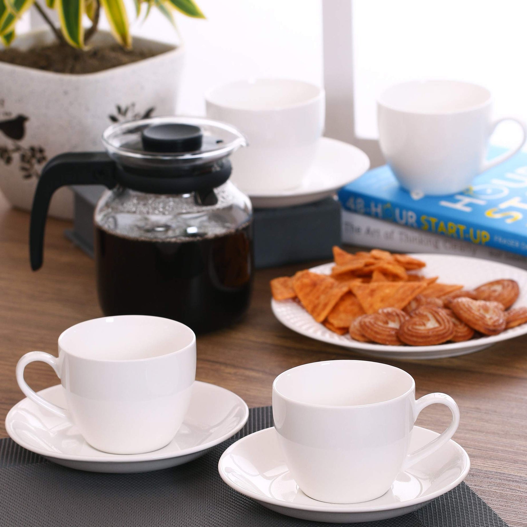 Clay Craft Fine Ceramic Cup & Saucer Set of 12 (6 Cups+6 Saucers) - 180 ml each (Full White)