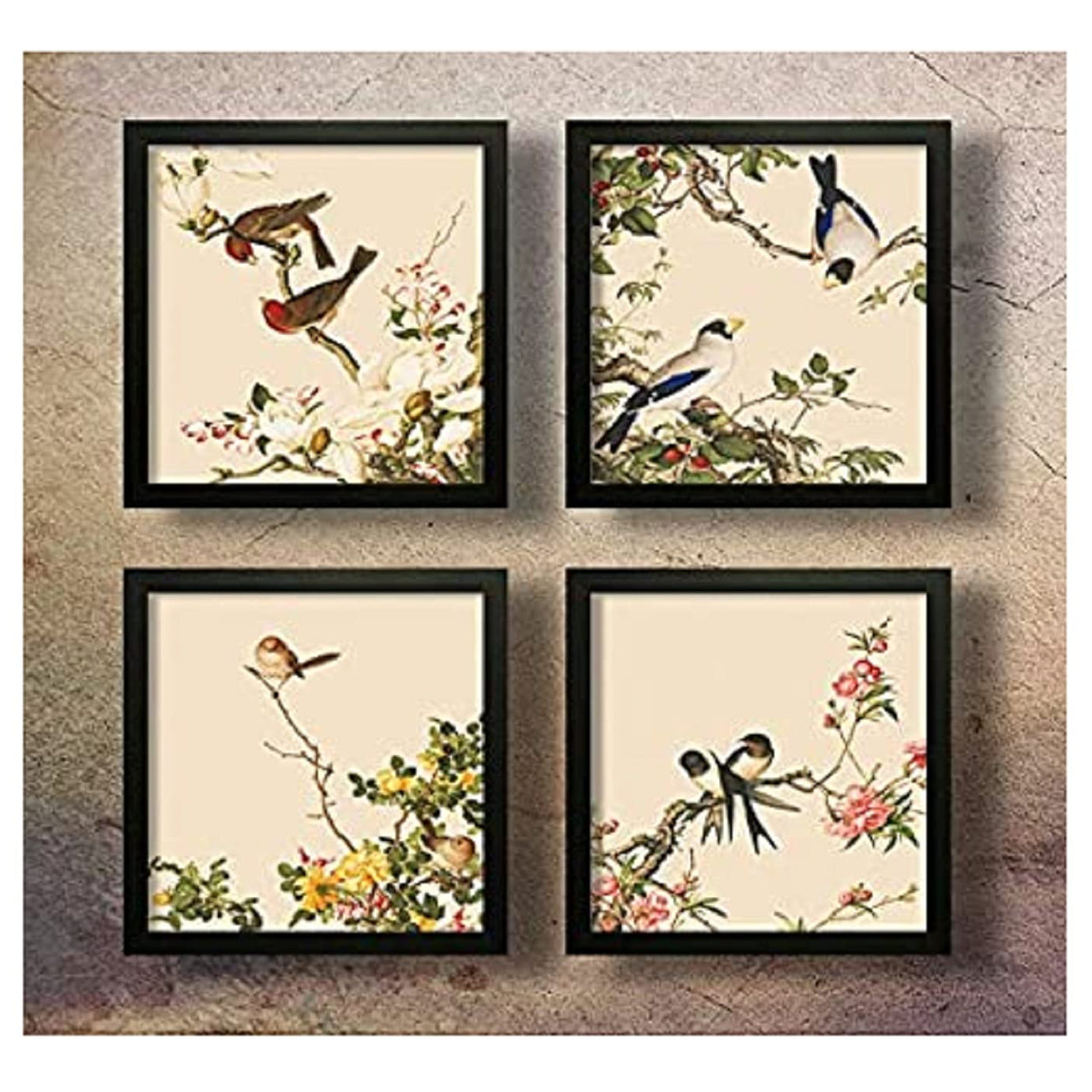 SAF paintings Set of 4 Couple Birds Sitting on Flowers UV Coated Home Decorative Gift Item Framed Painting 19 inch X 19 inch SET4_12-Floral