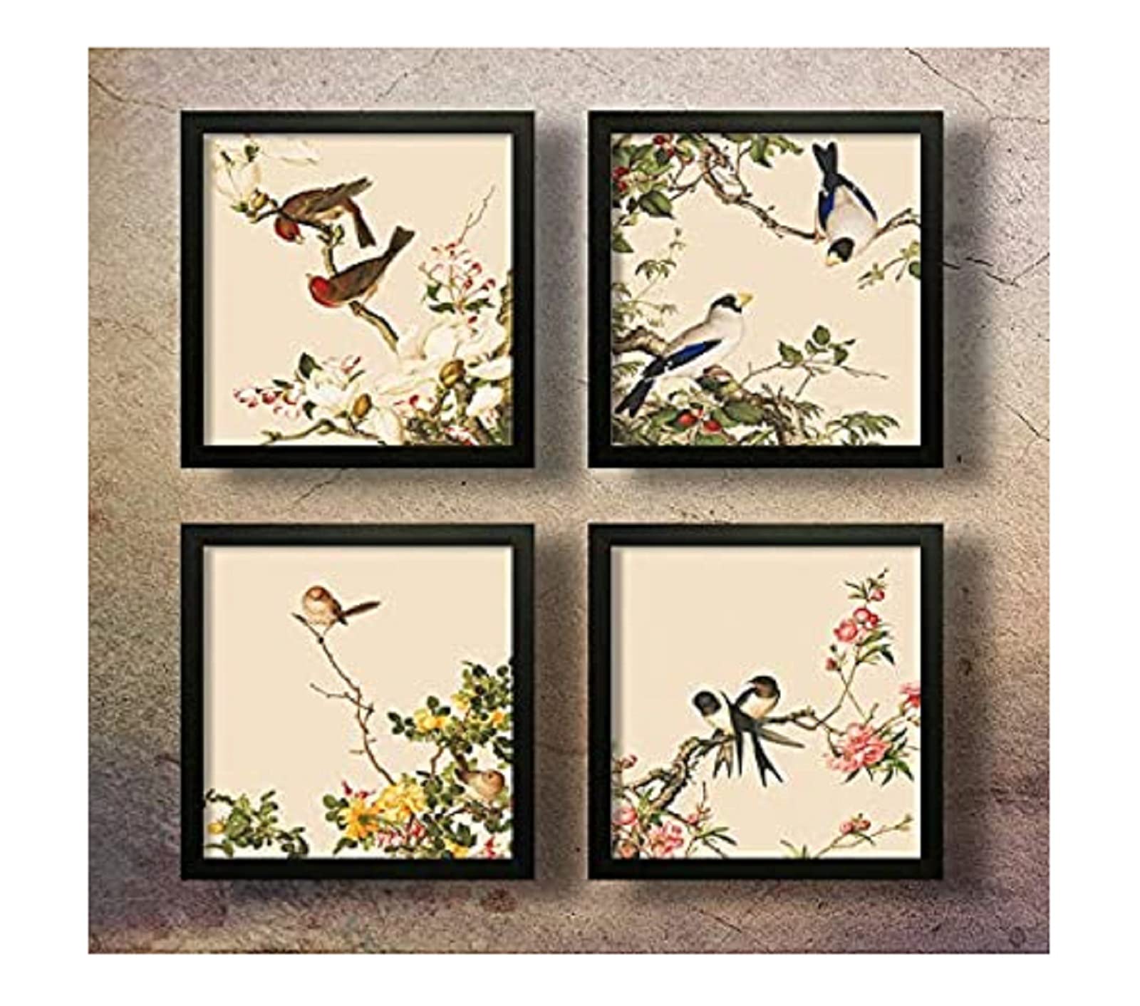 SAF paintings Set of 4 Couple Birds Sitting on Flowers UV Coated Home Decorative Gift Item Framed Painting 19 inch X 19 inch SET4_12-Floral