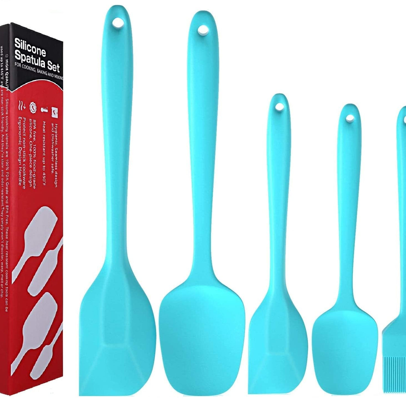 P-Plus International Silicone Spatula Set 5-Piece - 446F Heat-Resistant Baking Spoon Spatula - Seamless One-Piece Design- Non-Stick Silicone Stainless Steel Core (Spatula Set of 5 Blue)