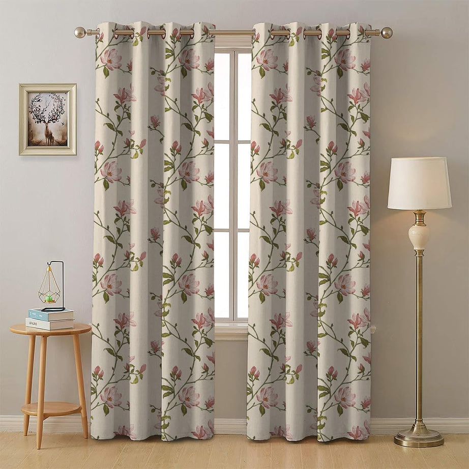 SPACES DRAPE STORY Premium Printed Blackout Curtain With Lining, Set Of 2, 8Ft Door Semi Sheer Curtains, Off White & Pink