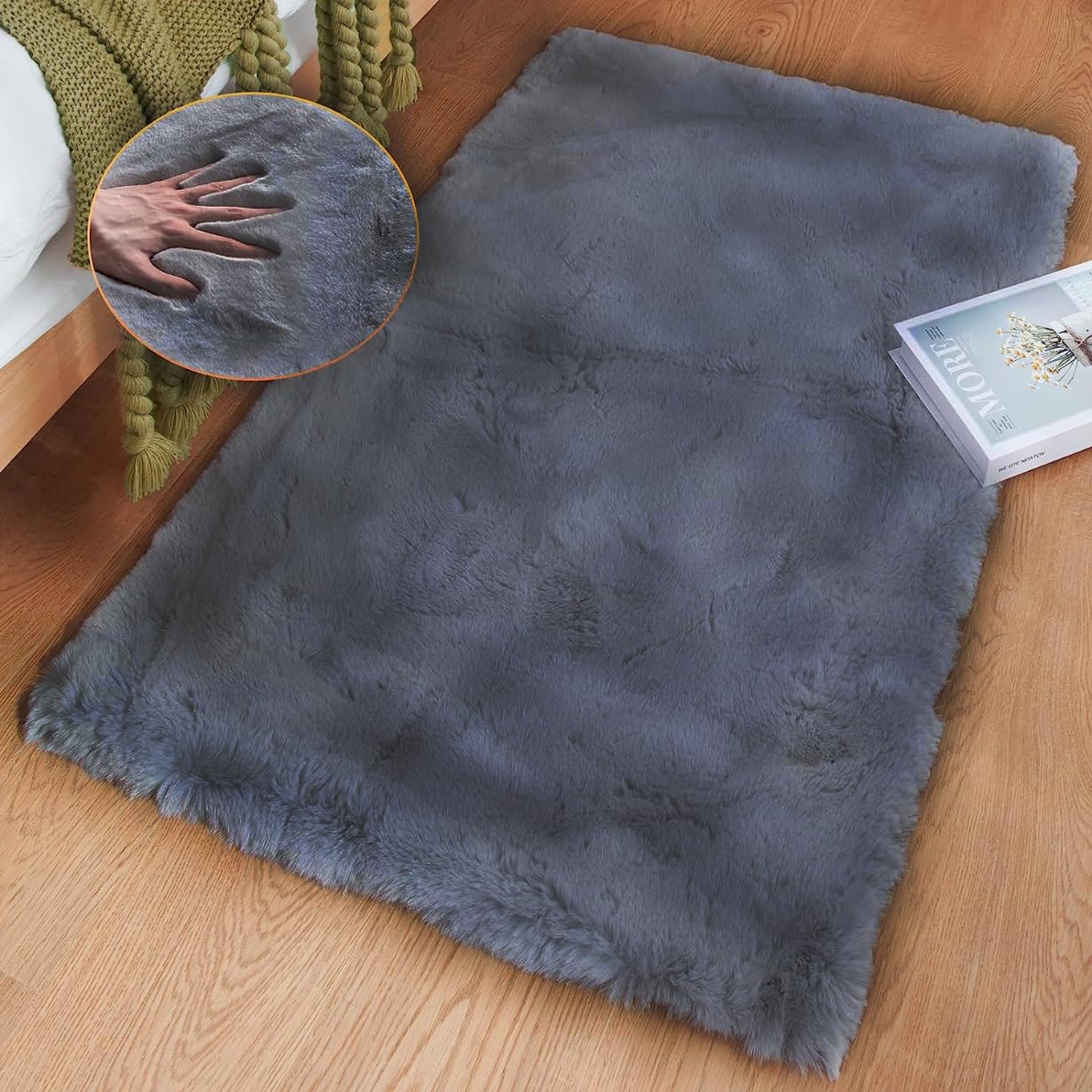 Hometail Anti Skid Faux Fuzzy Fur Area Rug Doormat Washable Thick Microfiber High Density Fleece Fur Non-Shedding Living Room Rug Carpet Door Mat Runner Mats (Dark Grey, 16x24 Inch)