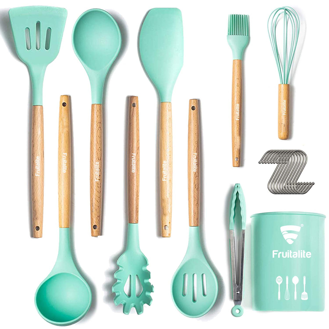 Fruitalite Silicone Kitchen Utensils Spoon Spatula Cooking Set- 11 Pcs Non-Stick with Wooden Handle- BPA Free, Heat Resistant Item,Flexible Non Toxic Silicon Cookware Tools with Holder- Mint/Teal