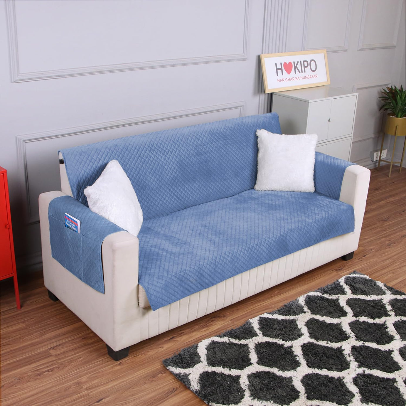 HOKIPO Quilted Velvet Sofa Cover with Pockets for 1 Seater, Placid Blue (NEW-764)