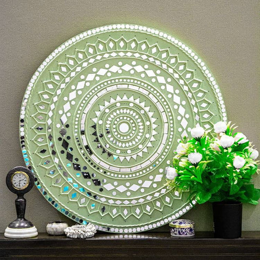 Unique Wants Lippan Art Wall Hanging With Mirror Work, Green - Acrylic, 30 Cm