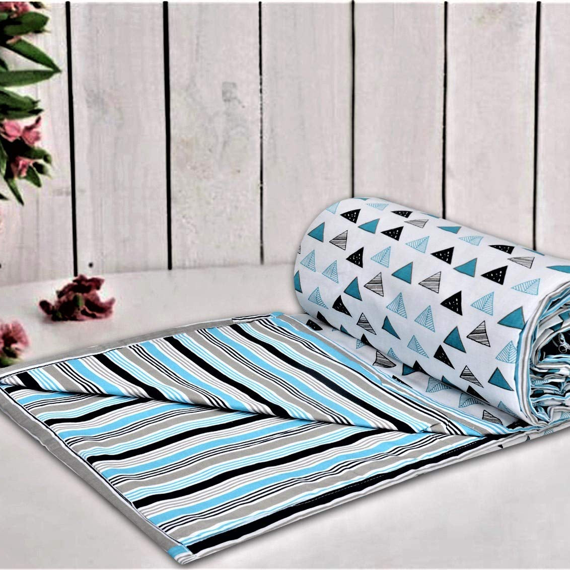 Trance Home Linen Pure Cotton Reversible Dohar Double Bed Size | AC Blanket Comforter | Soft Light-Weight Bed Blanket (84 x 88 inch, Blue Black Triangles, Pack of 1)