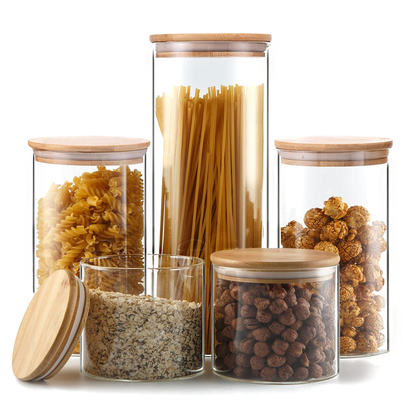 Glass Storage Jars [Set of 5] ,Clear Glass Food Storage Containers with Airtight Bamboo Lid Stackable Kitchen Canisters for Candy,Cookie,Rice,Sugar,Flour,Pasta,Nuts and Spice Jars